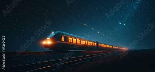 A passenger train travels through the night, illuminated by its own lights and a starry sky.