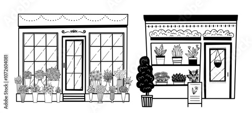 Flower shops facade Vector illustration delicate decor hand drawn. Vector illustration doodle style. Aesthetic line