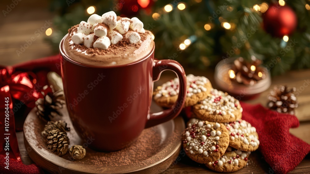Hot Cocoa with Cookies on Christmas Background - A cup of hot cocoa with marshmallow and cookies set against a Christmas-themed background. Hot Cocoa with Cookies on Christmas Background - A cup of hot cocoa with marshmallow and cookies set against a Christmas-themed background.