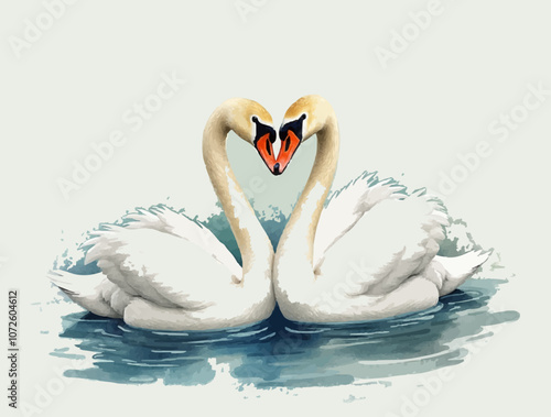 Illustration of two swans, one white and one orange, standing back to back in a body of water.