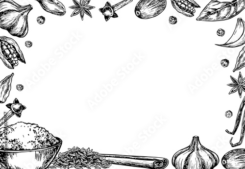 Frame with spices. Vector graphics depicting aromatic culinary spices of different types. Black and white hand-drawn illustrations. On a white background. For menus, posters, labels and packages.