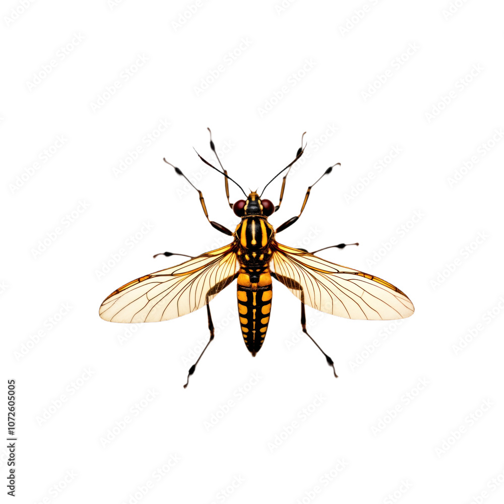 Caddisfly with black, yellow, orange striped body on isolated transparent background. Insect transparent wings. Macro of caddisfly. Image great for nature, wildlife, insect photography lovers. Cut out Caddisfly with black, yellow, orange striped body on isolated transparent background. Insect transparent wings. Macro of caddisfly. Image great for nature, wildlife, insect photography lovers. Cut out