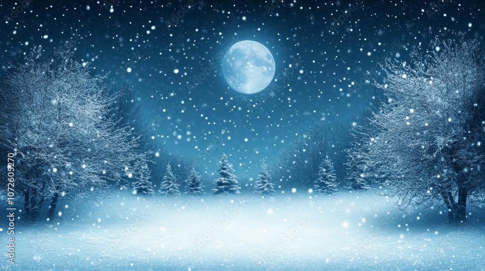 Beautiful Snowy Winter Landscape Under Full Moonlight Beautiful Snowy Winter Landscape Under Full Moonlight