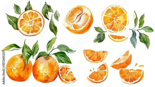 Oranges in leaves. A set of vector illustrations. Vectorized gouache illustrations. Collection of isolates for labels, prints, banners. Watercolor illustration on white background