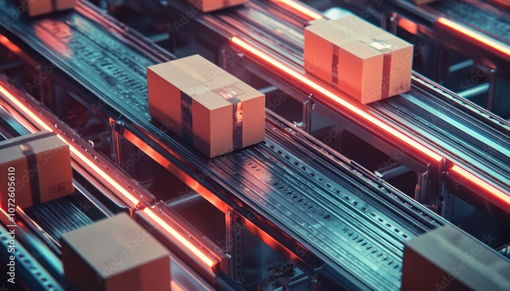 Industrial boxes moving along a conveyor belt, symbolizing logistics and distribution. Industrial boxes moving along a conveyor belt, symbolizing logistics and distribution.