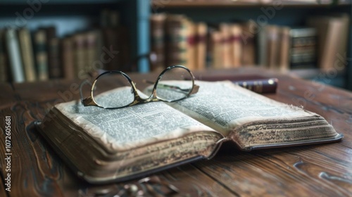 Vintage open book with glasses on rustic wooden table photo