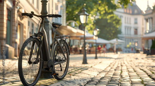 Parked bike on the road. Bicycle in the city 