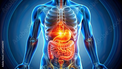 3D Medical Illustration Showcasing Abdominal Pain with Detailed Focus on Internal Organs and Their Interactions, Highlighting Diagnostic and Educational Aspects of Human Anatomy