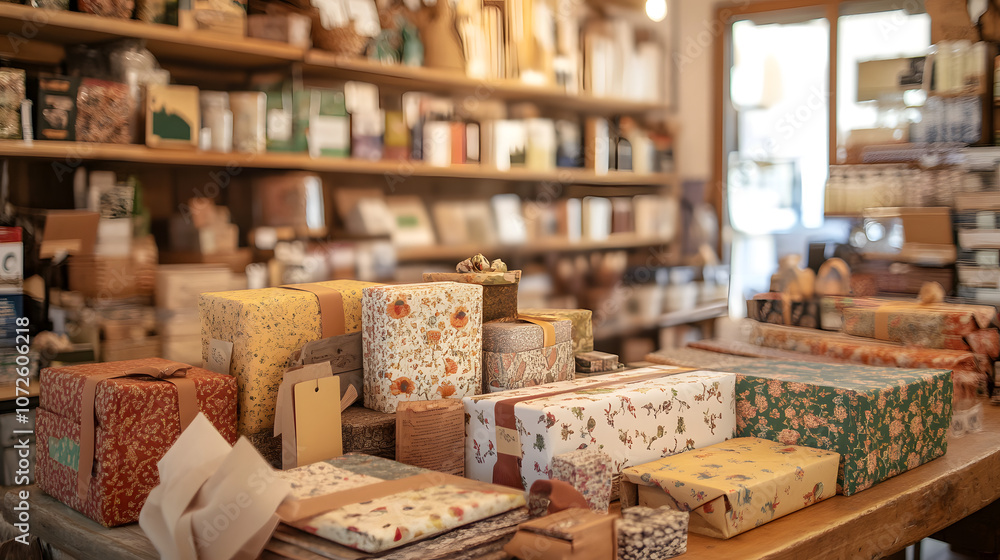 A collection of unique gift wrapping supplies displayed in an artisanal shop. A collection of unique gift wrapping supplies displayed in an artisanal shop.