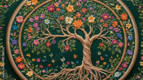 Wallpaper Mural Colorful tree of life with flowers and butterflies on deep green background Torontodigital.ca