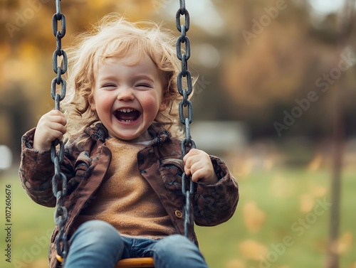 A child laughing on a swing in a park