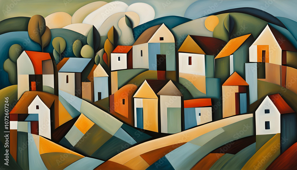 cubist style abstract painting of a european village in a rural setting with geometric shapes and subdued colors cubist style abstract painting of a european village in a rural setting with geometric shapes and subdued colors