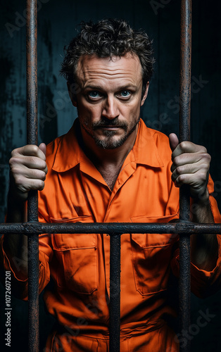 Caucasian male inmate grasping rusted prison cell bars in an orange jumpsuit