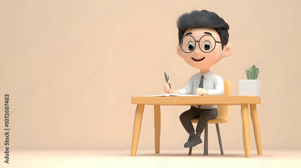 A happy cartoon man sitting at a desk with a pen and notebook, smiling and looking at the camera. A happy cartoon man sitting at a desk with a pen and notebook, smiling and looking at the camera.