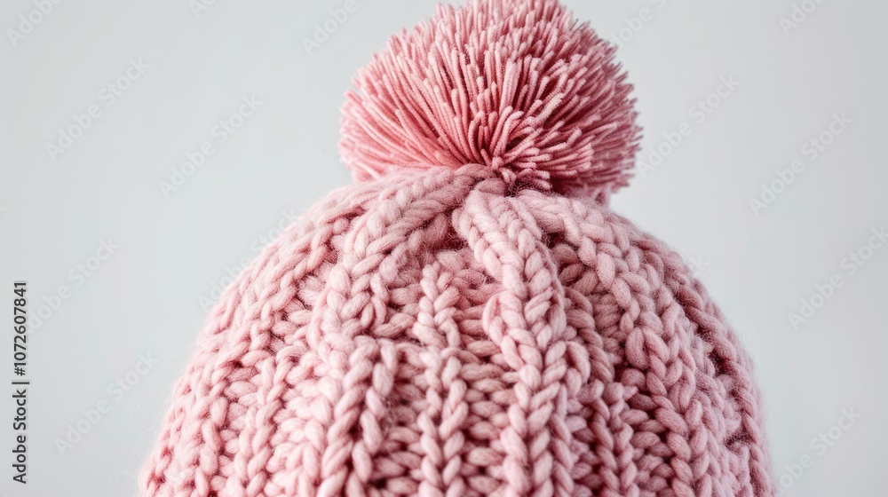 Fototapeta premium Knitted pink hat with pompon on white background