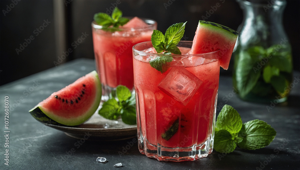 Chilled watermelon juice in a tall glass with ice cubes and a small mint garnish, giving a tropical and refreshing feel. Chilled watermelon juice in a tall glass with ice cubes and a small mint garnish, giving a tropical and refreshing feel.