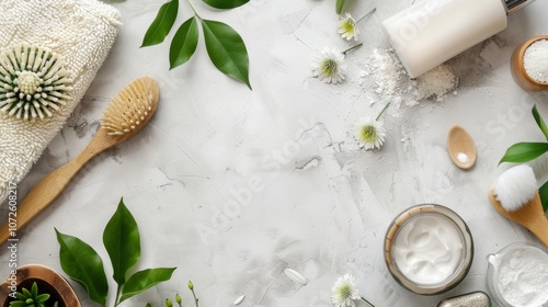 Natural spa essentials with greenery on marble background