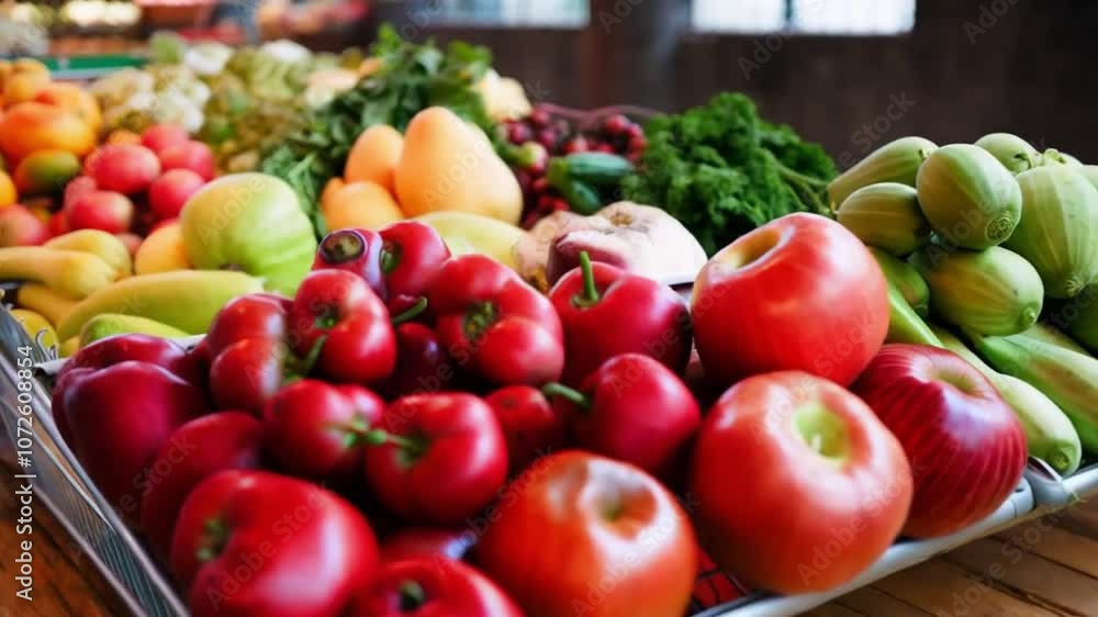 Shopping cart filled with fruits and vegetables resting on a wooden table in-store Shopping cart filled with fruits and vegetables resting on a wooden table in-store