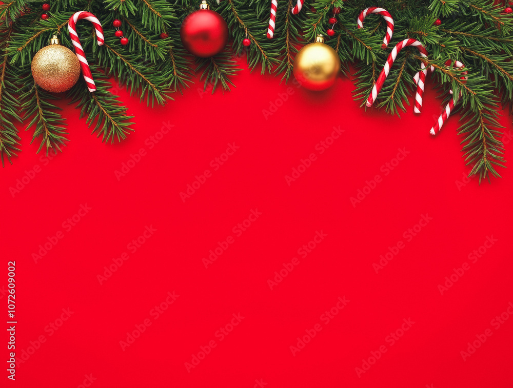 Festive Christmas Composition with Fir Branches and Ornaments on Vibrant Red Background Festive Christmas Composition with Fir Branches and Ornaments on Vibrant Red Background