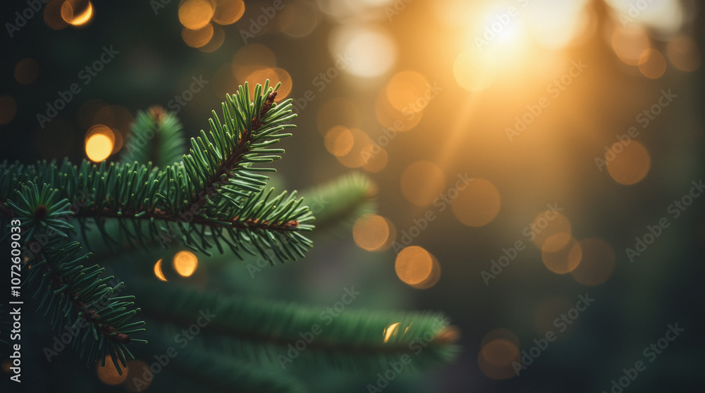 Serene Holiday Scene with Fir Tree Branches and Golden Bokeh Lights Serene Holiday Scene with Fir Tree Branches and Golden Bokeh Lights