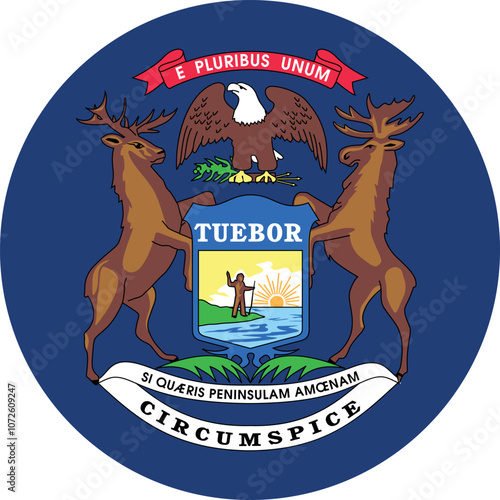 Circle shaped printable vector flag of the United States of America federal state of MICHIGAN