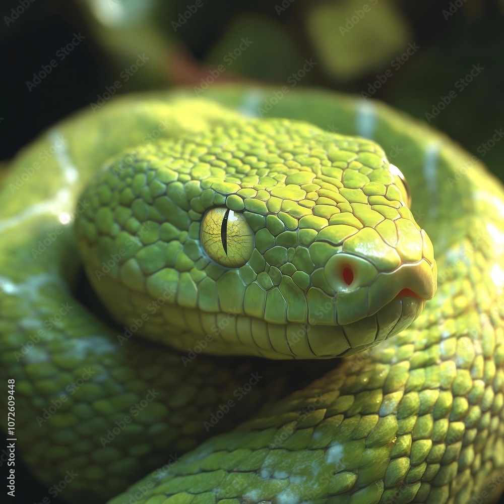 Fototapeta premium Green Snake Coiled in Tropical Habitat
