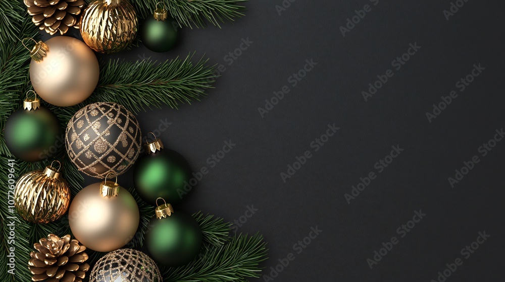 Elegant Christmas Ornament Border Green Gold Decorations Festive Background Elegant Christmas Ornament Border Green Gold Decorations Festive Background