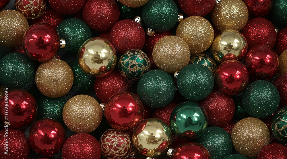 A close-up of a collection of red, green, and gold Christmas ornaments with various finishes, including glitter, metallic, and patterned A close-up of a collection of red, green, and gold Christmas ornaments with various finishes, including glitter, metallic, and patterned