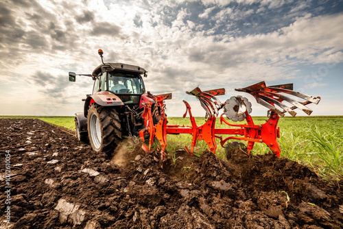 фотографія Powerful tractor turns the soil, readying the field for planting under a dramati