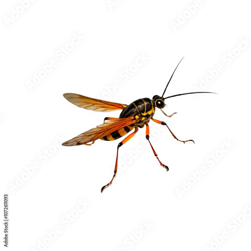 Scorpionfly with wings open and antennae extended on isolated transparent background. Insect with long legs and black body with yellow stripes on thorax. Macro closeup. Alpha mask cut out png.