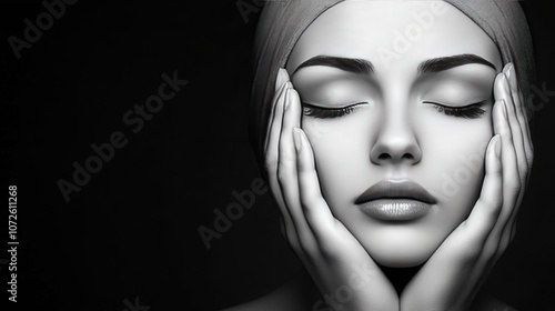 woman with hands on face relaxing, copy space