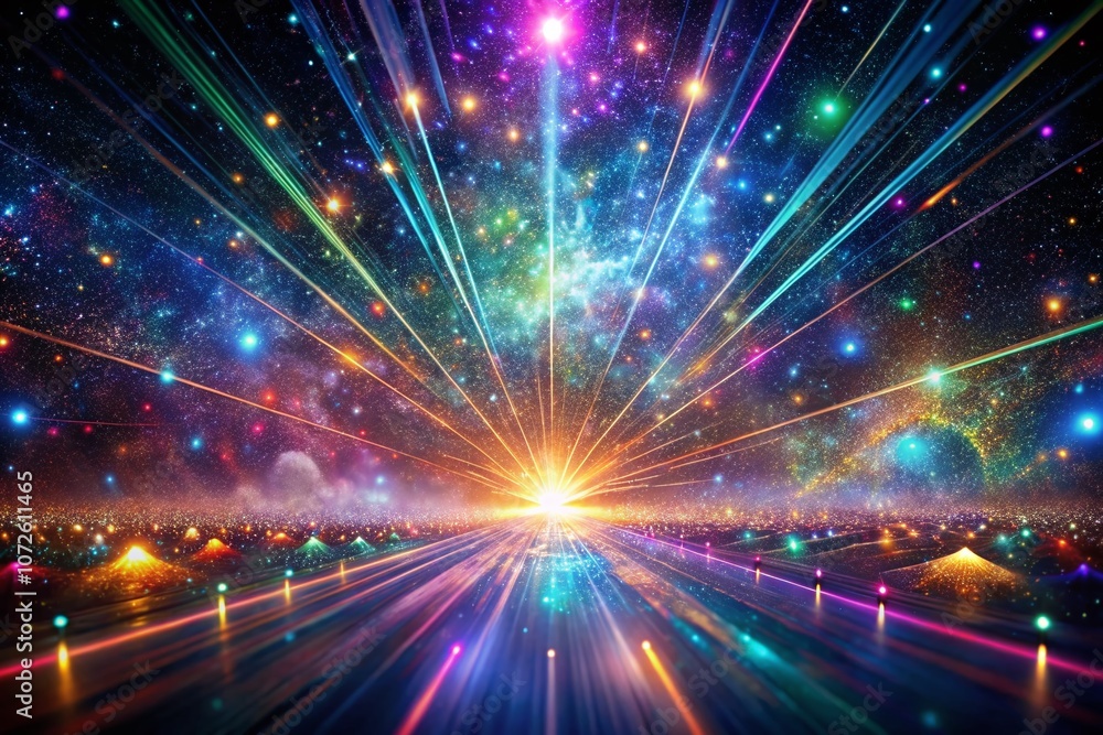 Abstract Cosmic Dance of Iridescent Light with Glowing Particles Radiating from a Central Point in a Night Sky Scene for Visual Exploration of Energy and Motion Abstract Cosmic Dance of Iridescent Light with Glowing Particles Radiating from a Central Point in a Night Sky Scene for Visual Exploration of Energy and Motion