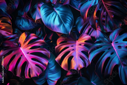 Tropical leaves in neon colors against a black background, showcasing vivid shades and contemporary