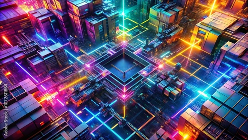 Abstract Digital Background with Geometric Shapes and Neon Colors Symbolizing Technology and Innovation in a Vibrant Drone Photography Style for Modern Design Projects photo