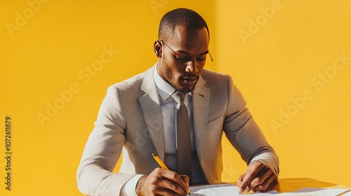 Businessman Writing in a Suit on Yellow Background
