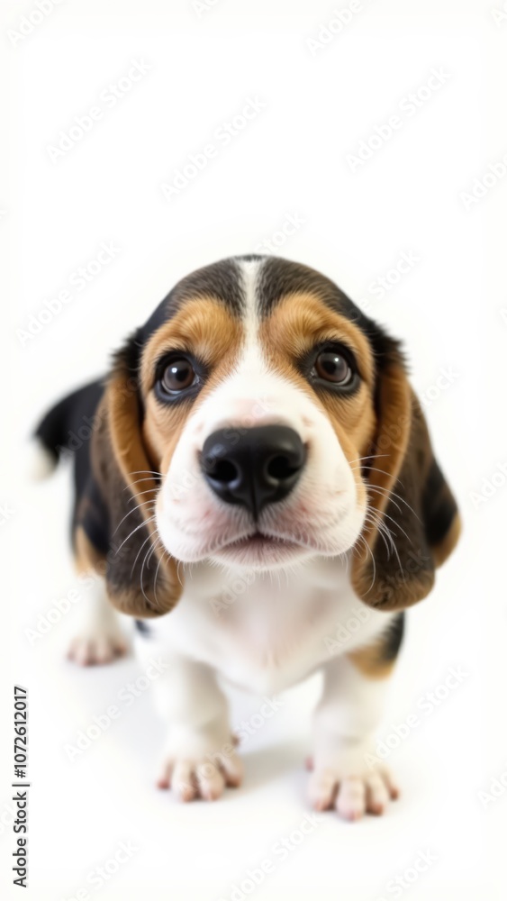 Generative AI, Close-up of a two-month-old Beagle puppy with gentle, curious expression against white background Generative AI, Close-up of a two-month-old Beagle puppy with gentle, curious expression against white background
