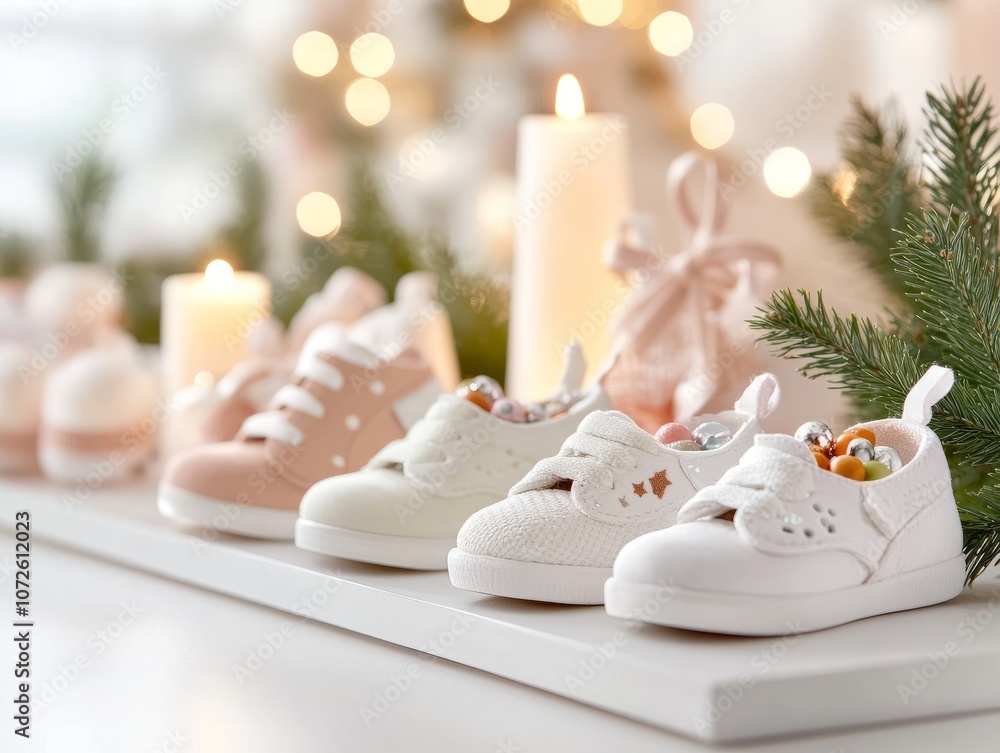Children’s shoes and colorful gift boxes in a bright room, celebrating Three Kings' Day Children’s shoes and colorful gift boxes in a bright room, celebrating Three Kings' Day