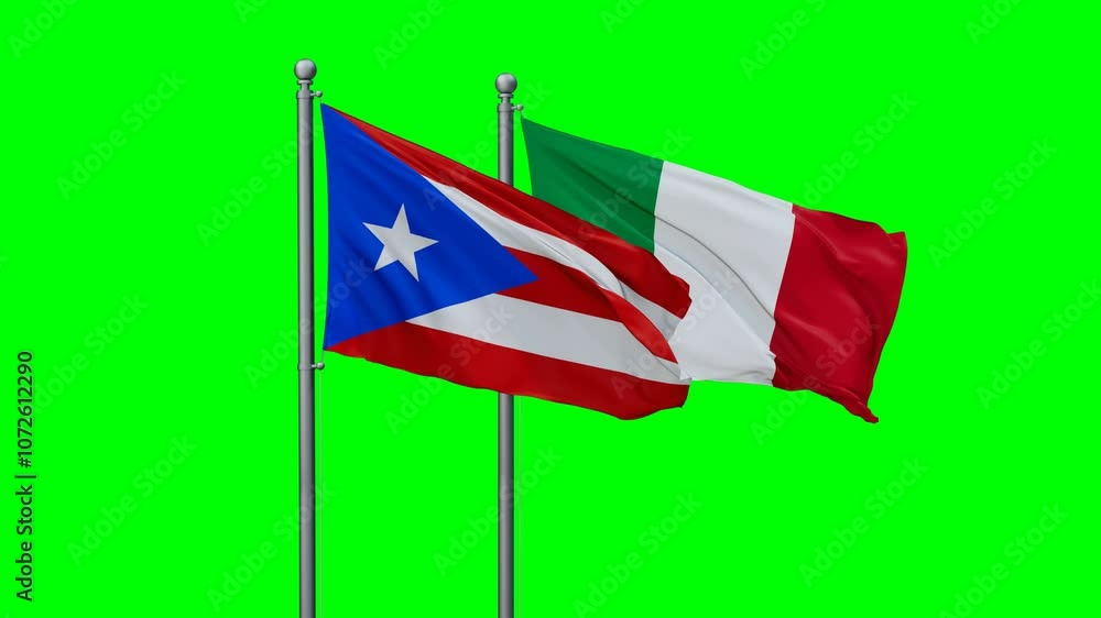 Italy and Puerto Rico flags flying together, video concept of the relationship with colored chroma key for easy background remove, two country cooperation concept Italy and Puerto Rico flags flying together, video concept of the relationship with colored chroma key for easy background remove, two country cooperation concept