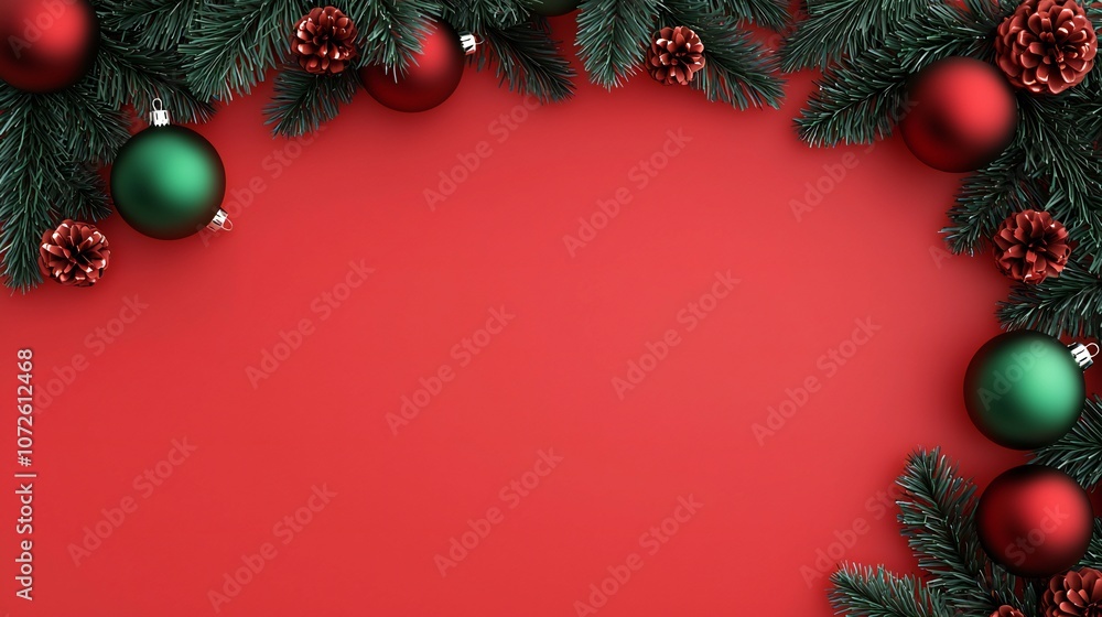 Festive Christmas Red Background with Ornaments Pine and Cones Festive Christmas Red Background with Ornaments Pine and Cones