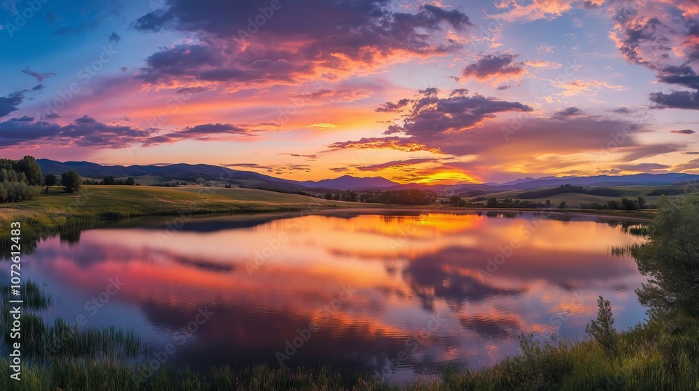 A stunning sunset paints the sky with vibrant hues, reflecting on a serene lake and inviting tranquility. A stunning sunset paints the sky with vibrant hues, reflecting on a serene lake and inviting tranquility.