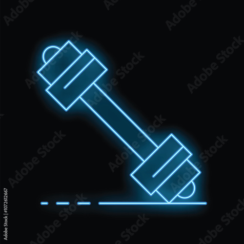 Blue neon dumbbell lying on the floor icon illustration with black background