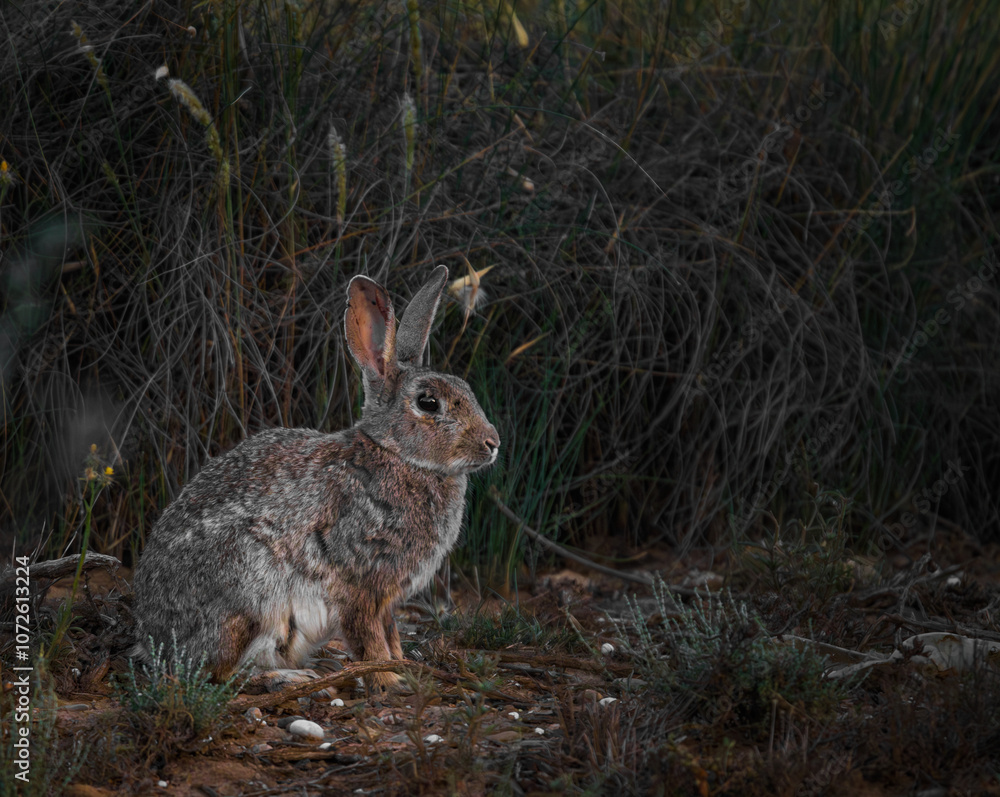 Fototapeta premium Common rabbit or European rabbit (Oryctolagus cuniculus) is a species of lagomorph mammal in the family Leporidae, and the only current member of the genus Oryctolagus. It measures up to 50 cm and its