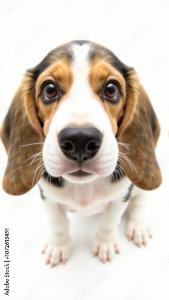 Generative AI, Close-up of a two-month-old Beagle puppy with gentle, curious expression against white background Generative AI, Close-up of a two-month-old Beagle puppy with gentle, curious expression against white background