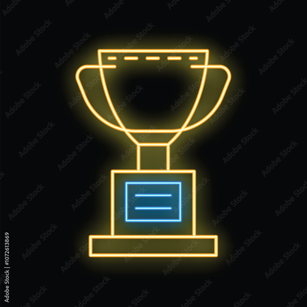 Neon trophy is shining on a black background representing victory and achievement Neon trophy is shining on a black background representing victory and achievement