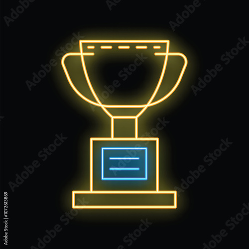 Neon trophy is shining on a black background representing victory and achievement