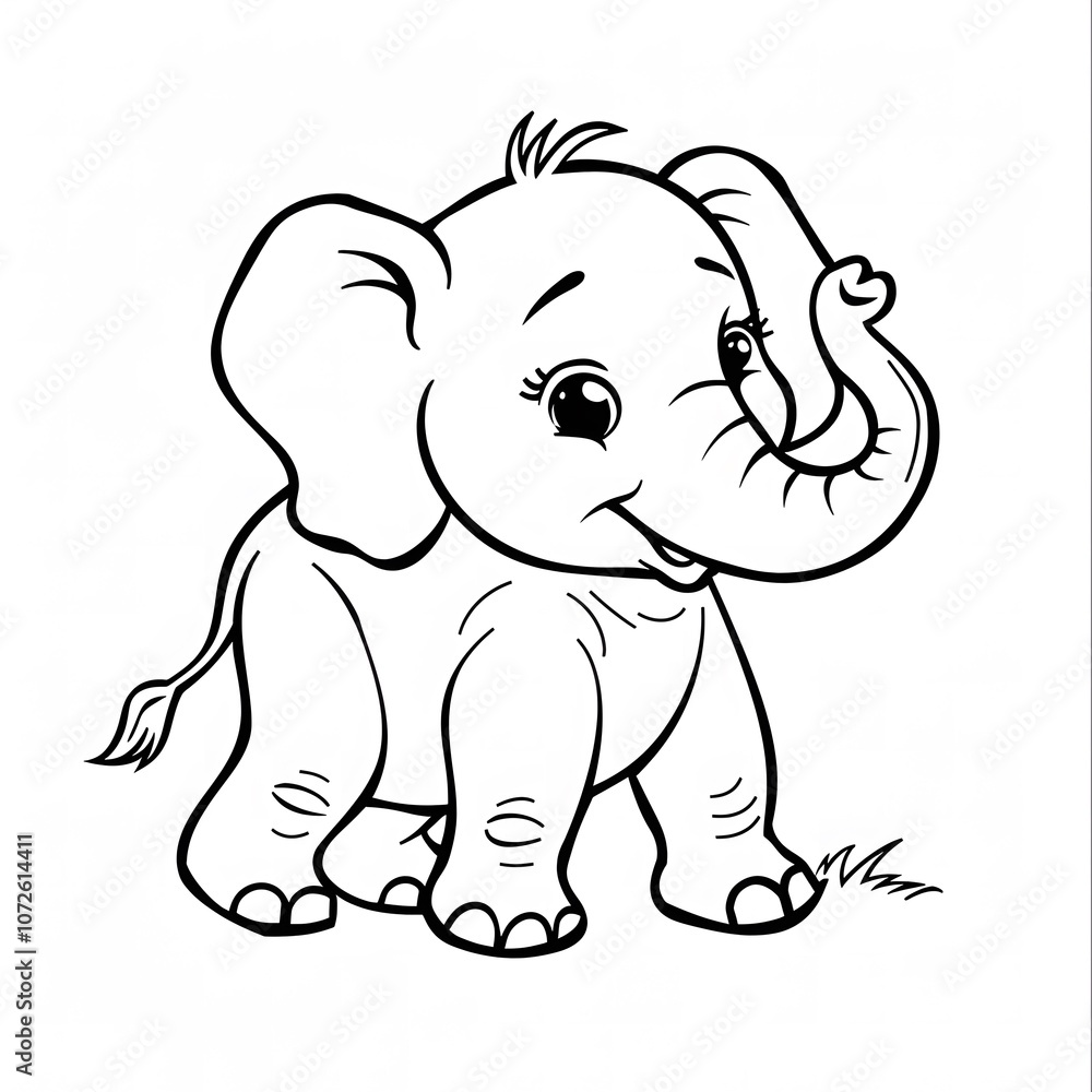 A basic black-and-white coloring book image for kids, depicting a cartoon elephant with its trunk up A basic black-and-white coloring book image for kids, depicting a cartoon elephant with its trunk up