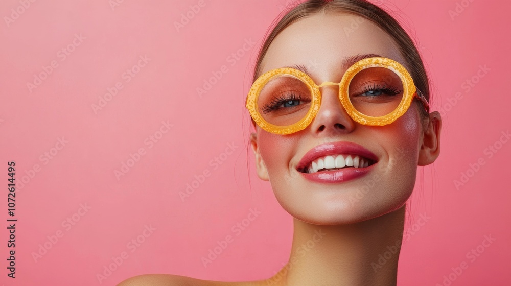 Smiling woman wearing orange sunglasses on pink backdrop Smiling woman wearing orange sunglasses on pink backdrop
