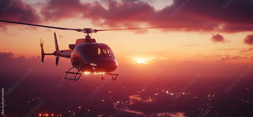 Black helicopter flying at sunset over a city with lights. Black helicopter flying at sunset over a city with lights.