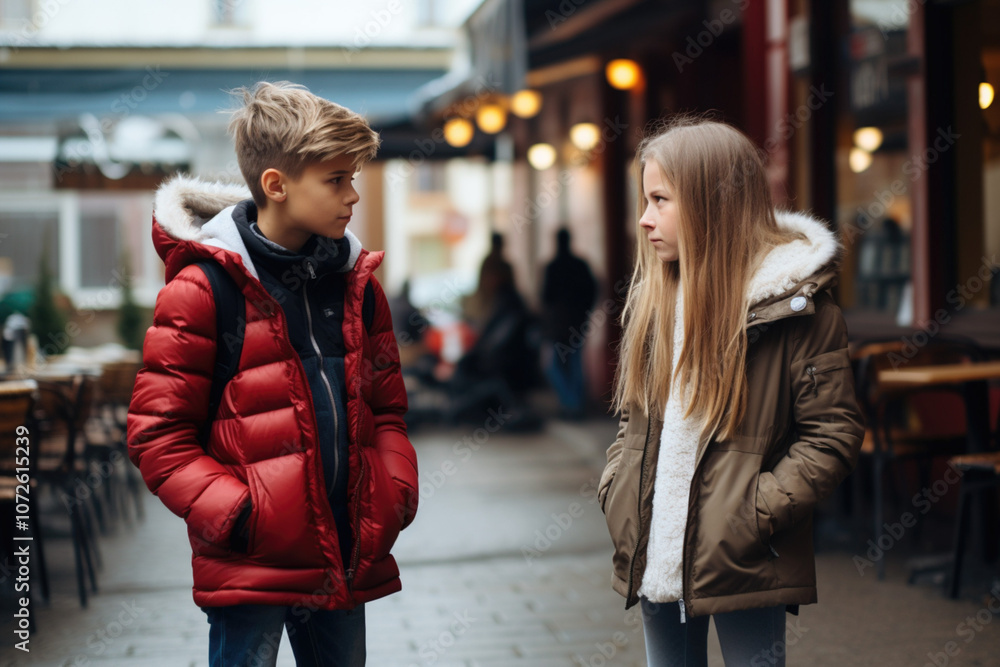 Young modern teenagers couple have an argument in the street, break up in public place, tensioned relationship. How to deal with breakup, end of love Young modern teenagers couple have an argument in the street, break up in public place, tensioned relationship. How to deal with breakup, end of love