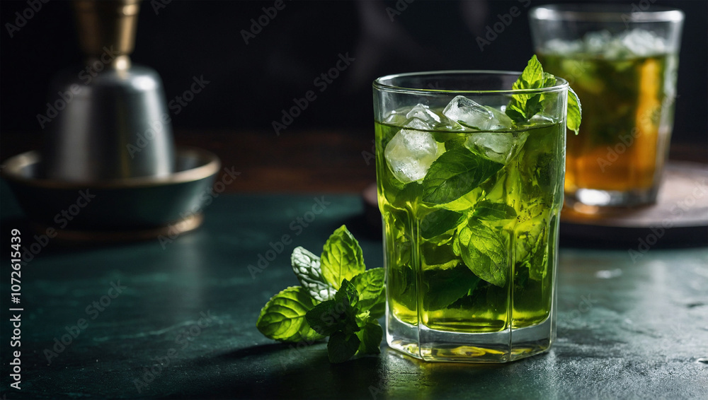 Cold green tea in a tall glass, garnished with fresh mint leaves, ice cubes, and a hint of condensation on the glass. Cold green tea in a tall glass, garnished with fresh mint leaves, ice cubes, and a hint of condensation on the glass.